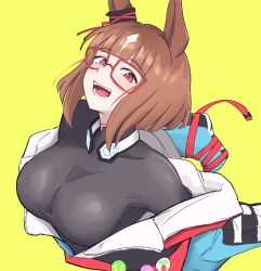 Rule 34 | 1girl, animal ears, aqua coat, black shirt, breasts, brown hair, coat, commentary request, cropped torso, ear ornament, glasses, gloves, headphones, headphones around neck, highres, horse ears, horse girl, large breasts, light blush, looking at viewer, miya nns35, open clothes, open coat, open mouth, red eyes, shirt, short hair, simple background, smile, solo, transcend (umamusume), umamusume, upper body, yellow background
