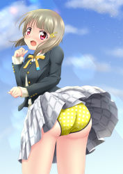Rule 34 | 1girl, artist name, artist request, bare legs, black jacket, blue sky, blush, bow, bowtie, breasts, brown hair, buttons, cardigan, checkered clothes, checkered skirt, cloud, collared shirt, crescent, crescent hair ornament, day, female focus, floating hair, from behind, grey hair, hair ornament, jacket, light brown hair, long sleeves, looking at viewer, looking back, love live!, love live! nijigasaki high school idol club, medium breasts, miniskirt, nakasu kasumi, neck ribbon, nijigasaki academy school uniform, outdoors, panties, parted lips, pink eyes, plaid, plaid skirt, pleated skirt, polka dot, polka dot panties, polka dot underwear, purple eyes, ribbon, school uniform, shirt, short hair, skirt, sky, smile, solo, star (symbol), star hair ornament, sweater, sweater vest, underwear, vest, wavy hair, white shirt, white skirt, yellow bow, yellow cardigan, yellow panties, yellow ribbon, yellow sweater