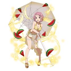 Rule 34 | 1girl, :d, absurdres, bikini, bikini top only, breasts, cleavage, collarbone, feet, food, fruit, full body, hair ornament, hairclip, hand on lap, highres, jewelry, leaning forward, lisbeth (sao), lisbeth (sao-alo), looking at viewer, medium breasts, navel, necklace, official art, open mouth, parasol, parted bangs, pink eyes, pink hair, pointy ears, sarong, short hair, simple background, smile, solo, standing, swimsuit, sword art online, sword art online: code register, thigh strap, toes, umbrella, watermelon, white background, yellow bikini