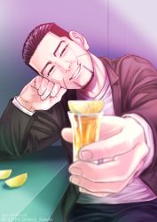 Rule 34 | 1boy, alternate costume, black eyes, black hair, blurry foreground, brown jacket, contemporary, cup, decoy00xx, denim, drinking glass, elbow rest, facial hair, facial scar, food, fruit, goatee, golden kamuy, hair slicked back, hair strand, incoming drink, jacket, jeans, lemon, lemon slice, long sleeves, looking at viewer, male focus, ogata hyakunosuke, open clothes, open jacket, pants, scar, scar on cheek, scar on face, short hair, smile, solo, stubble, undercut, upper body