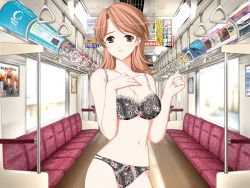 Rule 34 | 1girl, bow, bra, game cg, lace, lace-trimmed bra, lace trim, lingerie, navel, panties, public indecency, solo, subway, tagme, train, train interior, underwear