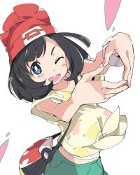 Rule 34 | 1girl, ;d, bag, beanie, black hair, blue eyes, creatures (company), game freak, hat, heart, heart hands, ixy, looking at viewer, midriff, nintendo, one eye closed, open mouth, pokemon, pokemon sm, red hat, selene (pokemon), short hair, simple background, smile, solo, white background