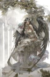 Rule 34 | 1girl, albedo (overlord), apollyon abyss, bare shoulders, black hair, black wings, commentary, demon girl, demon horns, demon wings, detached collar, dress, feathered wings, feathers, gloves, hair between eyes, hand on own cheek, hand on own face, highres, hip vent, horns, jewelry, long hair, low wings, necklace, overlord (maruyama), pillar, sitting, skeleton, skull, slit pupils, smirk, solo, throne, white dress, white gloves, wings, yellow eyes