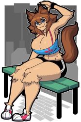 Rule 34 | 1girl, animal ears, arm up, armpits, bare legs, bench, blue eyes, breasts, brown hair, cleavage, dog ears, dog tail, eyebrows, fang, floral print, full body, fur, hair between eyes, halterneck, hypfoo, kobold, large breasts, looking at viewer, midriff, monster girl, monster musume no iru nichijou, polt, shoes, short hair, shorts, sitting, smile, snout, solo, tail, thick thighs, thighs, wristband