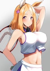 Rule 34 | 1girl, animal ears, arm behind back, arm up, armpits, ball, bare shoulders, blonde hair, blush, breasts, collared shirt, commentary request, covered erect nipples, cowboy shot, crop top, ear covers, ear ornament, grey background, highres, holding, holding ball, holding racket, horse ears, horse girl, komb, large breasts, looking at viewer, medium hair, midriff, narita top road (umamusume), navel, orange eyes, parted bangs, parted lips, racket, shirt, short hair, sideboob, sidelocks, simple background, single ear cover, skirt, sleeveless, sleeveless shirt, solo, sportswear, standing, sweat, taut clothes, taut shirt, tennis ball, tennis racket, tennis uniform, umamusume, white shirt, white skirt