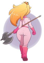 Rule 34 | 1girl, absurdres, ass, back, biker peach, blonde hair, boots, crown, from behind, gloves, halberd, highres, holding, holding polearm, holding weapon, jumpsuit, mario (series), mini crown, nintendo, official alternate costume, pantylines, pink footwear, pink gloves, polearm, ponytail, princess peach, solo, the other half, the super mario bros. movie, thigh gap, weapon, white jumpsuit