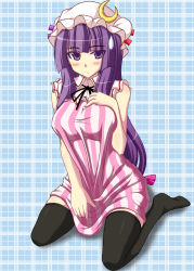 Rule 34 | 1girl, black thighhighs, blunt bangs, blush, breast suppress, breasts, crescent, crescent moon, female focus, hair ornament, hat, jema, kneeling, moon, patchouli knowledge, purple eyes, purple hair, ribbon, sitting, solo, striped, thighhighs, touhou, wariza