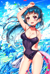 Rule 34 | 10s, 1girl, absurdres, arm up, armpits, black feathers, black one-piece swimsuit, blue hair, bow, bracelet, breasts, choker, cleavage, clothing cutout, cloud, cloudy sky, confetti, day, diffraction spikes, earrings, feather hair ornament, feathers, hair bun, hair ornament, halterneck, hand on own head, highres, innertube, jewelry, joptr06, large breasts, long hair, looking at viewer, love live!, love live! sunshine!!, medium breasts, navel, ocean, one-piece swimsuit, open mouth, outdoors, purple eyes, side bun, side cutout, single side bun, sky, solo, swim ring, swimsuit, tsushima yoshiko, water drop