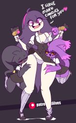 Rule 34 | 3girls, @ @, ahoge, alternate costume, animated, animated gif, arm up, artist name, assisted exposure, banette, black dress, black footwear, blush, bra, breasts, candy, clenched hand, clothes lift, collarbone, colored sclera, colored skin, creatures (company), diives, dress, dress lift, drooling, english text, eyes visible through hair, female focus, floating, food, full body, game freak, gen 3 pokemon, gen 4 pokemon, ghost, grey bra, grey legwear, grey panties, hairband, half-closed eyes, hand up, hands up, heart, hex maniac (pokemon), highres, interspecies, kneehighs, legs apart, lollipop, long hair, looking at viewer, medium breasts, mismagius, multiple girls, nail polish, nintendo, npc trainer, open mouth, panties, patreon logo, patreon username, pink eyes, pokemon, pokemon (creature), pokemon xy, pokephilia, purple background, purple hair, purple hairband, purple skin, red eyes, red sclera, school uniform, shirt, shoes, short dress, short sleeves, simple background, skirt, sleeveless, sleeveless dress, smile, socks, spoken heart, standing, suspender skirt, suspenders, talking, text focus, thigh gap, thighhighs, tongue, tongue out, underwear, uniform, very long hair, watermark, web address, white shirt, wide hips, yellow sclera