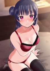 Rule 34 | 1girl, arm support, arm under breasts, bare arms, bare shoulders, bed, black hair, black thighhighs, blurry, blurry background, blush, bow, bow panties, bra, breasts, cleavage, closed mouth, collarbone, commentary request, commission, floral print, hair bun, highres, indoors, kazepana, lace, lace-trimmed bra, lace trim, long hair, looking at viewer, love live!, love live! sunshine!!, medium breasts, no shoes, on bed, panties, pink eyes, print bra, print panties, red bra, red panties, side bun, single side bun, sitting, solo, sweatdrop, thighhighs, tsushima yoshiko, underwear, underwear only, wariza