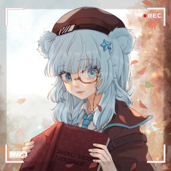 Rule 34 | 1girl, animal ears, arknights, bear ears, beret, blue eyes, blue hair, blue neckwear, book, brown hat, brown jacket, chinese commentary, commentary request, hair ornament, hat, highres, holding, holding book, istina (arknights), jacket, long hair, looking at viewer, monocle, shirt, smile, solo, star (symbol), star hair ornament, upper body, white shirt, ya kexi