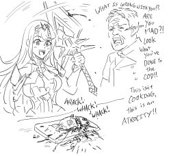 Rule 34 | 1boy, 1girl, :d, bb (baalbuddy), object behind ear, breasts, cleavage, crossover, cutting board, english text, fish, gordon ramsay, greyscale, hell&#039;s kitchen, highres, large breasts, monochrome, mythra (xenoblade), open mouth, pencil, sketch, smile, sword, weapon, white background, xenoblade chronicles (series), xenoblade chronicles 2