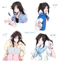 Rule 34 | 1girl, black shirt, blue eyes, blue jacket, blue sailor collar, blue shirt, braid, brown hair, chinese text, closed mouth, collared shirt, commentary, computer, endly, falling feathers, feathers, headphones, hibike! euphonium, highres, hood, hoodie, jacket, kasaki nozomi, kita high school uniform, laptop, liz to aoi tori, long hair, looking at viewer, multiple views, open mouth, pants, pink pants, ponytail, sailor collar, school uniform, serafuku, shirt, short sleeves, simple background, smile, translation request, twin braids, upper body, v, watch, white shirt, wristwatch, yellow hoodie