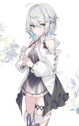Rule 34 | 1girl, ahoge, blush, breasts, closed mouth, detached sleeves, dot nose, green eyes, grey thighhighs, hair ornament, highres, icomochi, looking at viewer, medium breasts, original, own hands together, see-through, short hair, simple background, solo, thighhighs, white background
