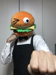 Rule 34 | apron, bow, bowtie, burger, chainsaw man, clenched hands, cosplay, family burger mascot, food, highres, mascot head, photo (medium), tagme