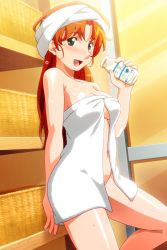Rule 34 | 1girl, basket, blush, bottle, breasts, feet out of frame, green eyes, holding, holding bottle, long hair, looking at viewer, mana (super real mahjong), medium breasts, milk bottle, naked towel, navel, non-web source, official art, open mouth, orange hair, photoshop (medium), short hair, solo, super real mahjong, tanaka ryou, towel, towel on head, wet