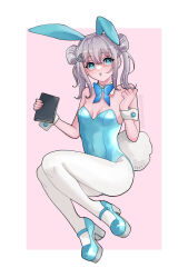 Rule 34 | 1girl, animal ears, bare shoulders, blue bow, blue bowtie, blue eyes, blue leotard, bowtie, breasts, cleavage, detached collar, double bun, fake animal ears, fake tail, goddess of victory: nikke, grey hair, hair between eyes, hair bun, hair ornament, hairclip, highleg, highleg leotard, holding, leotard, mozo (mmm), n102 (nikke), notebook, pantyhose, playboy bunny, rabbit ears, rabbit tail, short hair, short twintails, small breasts, solo, strapless, strapless leotard, tail, twintails, white pantyhose, wrist cuffs