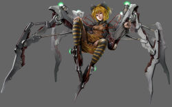 Rule 34 | 1girl, black panties, blonde hair, bow, cable, cyborg, dress, extra legs, female focus, hair bow, hand on own knee, kurodani yamame, long sleeves, mechanical legs, mechanization, multiple legs, panties, pantyshot, red eyes, short hair, simple background, solo, striped clothes, striped thighhighs, thighhighs, tkln, touhou, underwear, white panties, wire