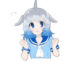 Rule 34 | 1girl, 54 3nu, :t, blowhole, blue eyes, blue hair, blue shirt, blush, choker, clenched hands, common bottlenose dolphin (kemono friends), dolphin girl, dorsal fin, grey hair, kemono friends, multicolored hair, neckerchief, pouch, sailor collar, shirt, short hair, short sleeves, solo, symbol-only commentary, t-shirt, upper body, white choker, white neckerchief
