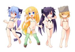 Rule 34 | 4girls, :3, :d, animal ears, arms behind back, backbeako (torotei), bare arms, bare shoulders, bikini, blonde hair, blue eyes, cat ears, cat girl, cat tail, character request, chibi yami, child, closed mouth, collarbone, female focus, flat chest, front-tie bikini top, front-tie top, full body, futaba channel, gegege no kitarou, hair over one eye, highres, horns, kirin (nijiura maids), kso, long hair, looking at viewer, midriff, multiple girls, navel, nijiura maids, open mouth, pointy ears, purple hair, side-tie bikini bottom, single horn, smile, swimsuit, tail, transparent, transparent background