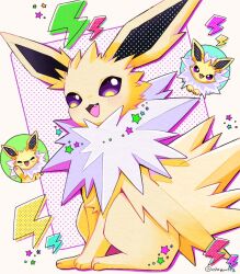 Rule 34 | all fours, closed eyes, creatures (company), electricity, fang, game freak, gen 1 pokemon, hand up, jolteon, mochopaccho, nintendo, open mouth, pawpads, pokemon, pokemon (creature), polka dot, polka dot background, purple eyes, sitting, smile, star (symbol), tongue, twitter username, white fur, yellow fur
