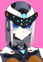 Rule 34 | 1girl, android, blue eyes, chest jewel, colored skin, commentary request, expressionless, eyes visible through hair, forehead protector, highres, humanoid robot, looking at viewer, medium hair, omeletricetaro3, original, pink background, pink hair, robot, solo, white skin