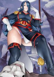 Rule 34 | 1boy, 1girl, absurdres, azuma fubuki, belt, black footwear, black jacket, black skirt, blue eyes, blue hair, boots, braid, breasts, cleavage, cleavage cutout, clothing cutout, contrapposto, dark-skinned male, dark blue hair, dark skin, defeat, elbow gloves, epaulettes, french braid, gloves, grin, hair over one eye, hair ribbon, highres, jacket, large breasts, long hair, long sleeves, looking at viewer, mato seihei no slave, panties, pantyshot, pelvic curtain, purple panties, red trim, ribbon, skirt, smile, solo, standing on person, thigh boots, underwear, weapon, white gloves, yoshio (55level)