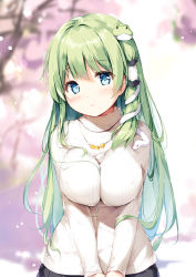 Rule 34 | 1girl, alternate costume, black skirt, blue eyes, blurry, blurry background, blush, breasts, casual, cherry blossoms, commentary request, contemporary, covered erect nipples, frog hair ornament, green hair, hair ornament, hair tubes, jewelry, kochiya sanae, large breasts, long hair, long sleeves, looking at viewer, miyase mahiro, necklace, ribbed sweater, single sidelock, skirt, snake hair ornament, solo, sweater, touhou, turtleneck, turtleneck sweater, upper body, v arms, very long hair, white sweater