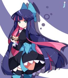 Rule 34 | 10s, 1girl, blue eyes, bow, cake, colored inner hair, dress, female focus, food, fruit, green eyes, hair bow, ideolo, long hair, multicolored hair, panty &amp; stocking with garterbelt, solo, stocking (psg), strawberry, striped clothes, striped thighhighs, thighhighs, two-tone hair