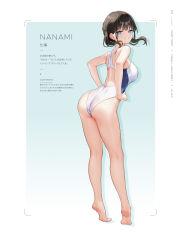 Rule 34 | 1girl, ass, barefoot, blue eyes, breasts, brown hair, character name, competition swimsuit, from behind, full body, highres, looking at viewer, looking back, medium breasts, mignon, one-piece swimsuit, original, oshiego-chan (mignon), parted lips, shiny skin, simple background, solo, swimsuit