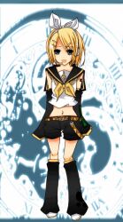 Rule 34 | 1girl, :d, blonde hair, blush, blush stickers, bow, detached sleeves, green eyes, hair bow, hair ornament, hairband, hairclip, kagamine rin, looking at viewer, looking back, neckerchief, non-web source, open mouth, parted bangs, sailor collar, shirt, short hair, sleeveless, sleeveless shirt, smile, solo, vocaloid