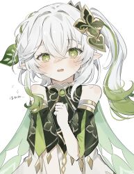 Rule 34 | 1girl, bare shoulders, blush, braid, cape, cross-shaped pupils, curly hair, detached sleeves, dress, embarrassed, eyelashes, gem, genshin impact, green eyes, green gemstone, green hair, green sleeves, hair between eyes, hair ornament, hand grip, hand on own chest, high side ponytail, highres, jewelry, leaf, leaf hair ornament, long hair, looking at viewer, multicolored hair, nahida (genshin impact), nervous sweating, open mouth, pointy ears, ponytail, shoulder blush, side braid, side ponytail, sidelocks, simple background, single braid, sleeveless, sleeveless dress, solo, sorani (kaeru0768), streaked hair, sweat, symbol-shaped pupils, tongue, two-tone hair, white background, white hair