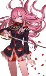 Rule 34 | 1girl, absurdres, aiguillette, bike shorts, blue eyes, blush, brooch, closed mouth, epaulettes, flower, highres, holding, holding sword, holding weapon, jewelry, long hair, petals, pink hair, rose, rose petals, shoujo kakumei utena, sleeve cuffs, solo, sword, tenjou utena, weapon, white background, white flower, white rose, zinbei