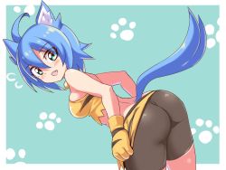 Rule 34 | 1girl, ahoge, animal ears, aqua eyes, ass, bare shoulders, bike shorts, blue hair, blush, brave dungeon, breasts, commission, cougar (cougar1404), fang, from behind, leaning, leaning forward, looking at viewer, looking back, majin shoujo, medium breasts, open mouth, papelne, shiny clothes, shiny skin, short hair, sideboob, skeb commission, smile, solo, tail