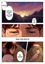 Rule 34 | 1boy, 1girl, absurdres, annlu vazzel, black hair, brown hair, closed eyes, comic, commentary, english commentary, english text, eren yeager, facial mark, facial scar, green eyes, half-closed eyes, highres, hug, jacket, mikasa ackerman, motion lines, mountain, page number, red scarf, scar, scar on cheek, scar on face, scarf, shingeki no kyojin, short hair, sun, sunset