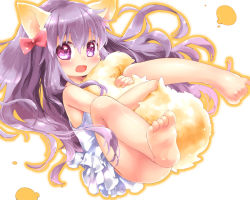 Rule 34 | 1girl, animal ears, bad id, bad pixiv id, bare legs, barefoot, bow, dress, fang, feet, fox ears, fox tail, hair bow, hugging own tail, hugging tail, long hair, looking at viewer, lying, mutou mato, on back, open mouth, original, purple eyes, purple hair, smile, solo, tail