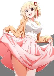 Rule 34 | 1girl, :d, blonde hair, breasts, cowboy shot, dated, earrings, hair ribbon, highres, jewelry, lycoris recoil, medium breasts, midriff, navel, nishikigi chisato, one side up, open mouth, pink skirt, red eyes, red ribbon, ribbon, shirt, short hair, skirt, skirt hold, smile, solo, thighs, tsuji643163271, two-tone background, white shirt
