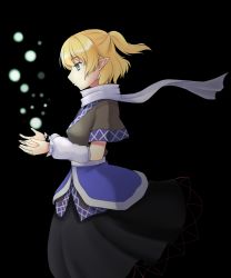 Rule 34 | 1girl, arm warmers, blonde hair, darkness, green eyes, isaki (gomi), mizuhashi parsee, pointy ears, ponytail, scarf, shirt, short sleeves, skirt, solo, touhou