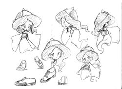 Rule 34 | 1girl, full body, gagame, ghost girl, ghost tail, gisoku no moses, greyscale, japanese clothes, long hair, monochrome, multiple views, shoes, simple background, sketch, smile, triangular headpiece, white background
