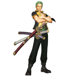 Rule 34 | 1boy, 3d, boots, full body, green hair, male focus, official art, one piece, one piece: pirate warriors, open clothes, open shirt, roronoa zoro, scabbard, scar, sheath, shirt, simple background, solo, standing, sword, swordsman (fgo516824681), weapon