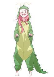 Rule 34 | 1girl, absurdres, barefoot, blue archive, blush, braid, closed eyes, collarbone, dinosaur costume, full body, halo, highres, long hair, long sleeves, mmhomm, open mouth, orange halo, red hair, simple background, single braid, solo, standing, tears, toes, white background, yuzu (blue archive)