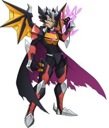 Rule 34 | 10s, 1boy, armor, cape, full body, gaist crusher, izuna (gaist crusher), lightning, male focus, official art, red eyes, silver hair, simple background, solo, torn cape, torn clothes, wings