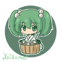Rule 34 | 1girl, blush stickers, bucket, character name, chibi, female focus, fushigi ebi, green hair, hair bobbles, hair ornament, in bucket, in container, kisume, solo, touhou, twintails