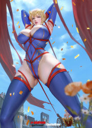 Rule 34 | 1boy, 1girl, armpits, artoria pendragon (fate), bdsm, between breasts, blonde hair, bondage, bound, breasts, cleavage, covered navel, dantewontdie, fate/grand order, fate (series), gilgamesh (fate), highres, huge breasts, humiliation, large breasts, lipstick, makeup, rope, shibari, thighhighs