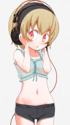 Rule 34 | 1girl, absurdres, black shorts, blonde hair, blush, bra, breasts, cameltoe, headphones, highres, jashin-chan dropkick, lingerie, looking at viewer, multicolored eyes, navel, open mouth, orange eyes, pekora (jashin-chan dropkick), sat-c, shiny skin, short hair, shorts, simple background, small breasts, solo, standing, underwear, white background, white bra, yellow eyes