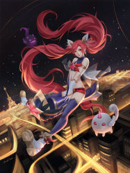 Rule 34 | 1girl, alternate costume, alternate hair color, alternate hairstyle, boots, city, elbow gloves, gloves, highres, jinx (league of legends), kuro (league of legends), league of legends, lipstick, long hair, magical girl, makeup, red hair, shiro (league of legends), star guardian (league of legends), star guardian jinx, thighhighs, twintails, very long hair