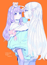 Rule 34 | 2girls, absurdres, aged down, carrying, child, child carry, commentary request, dangle earrings, dated, earrings, elf, eye contact, fern (sousou no frieren), frieren, grey hair, highres, jewelry, long hair, looking at another, multiple girls, pointy ears, purple hair, red background, simple background, sousou no frieren, straight hair, stuffed animal, stuffed toy, sweater, teddy bear, twitter username, very long hair, white sweater, yuri kyanon