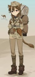 Rule 34 | 1girl, aohashi ame, backpack, bag, belt, black footwear, boots, braid, brown eyes, brown gloves, brown hair, brown hat, brown jacket, brown socks, camel, camel ears, camel tail, camouflage, camouflage headwear, camouflage jacket, closed mouth, commentary request, day, desert, earrings, fingerless gloves, full body, gloves, hair over shoulder, hat, head tilt, holding strap, holster, jacket, jewelry, layered legwear, looking at viewer, medium hair, military, military hat, military uniform, original, outdoors, single braid, smile, socks, solo, thighhighs, translated, uniform, utility belt, world witches series