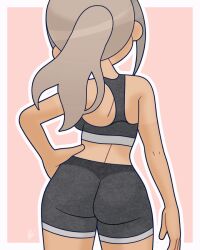 Rule 34 | 1girl, animated, animated gif, ape yacht kookies, ass, ass shake, black shorts, black sports bra, breasts, from behind, grey hair, hand on own hip, large breasts, liliana canistrelli, long hair, louis lloyd-judson, pink background, ponytail, shorts, sports bra, standing
