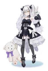 Rule 34 | 1girl, alternate costume, bad id, bad twitter id, blush, breasts, destroyer (girls&#039; frontline), detached sleeves, garter straps, girls&#039; frontline, gothic lolita, holding, holding stuffed toy, lolita fashion, medium breasts, multicolored hair, nlitz, solo, streaked hair, stuffed animal, stuffed toy, teddy bear, twintails, white hair, yellow eyes